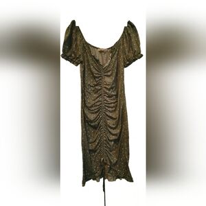 Liberty Love Olive Green Ruched Midi Dress with Tiny Floral Print